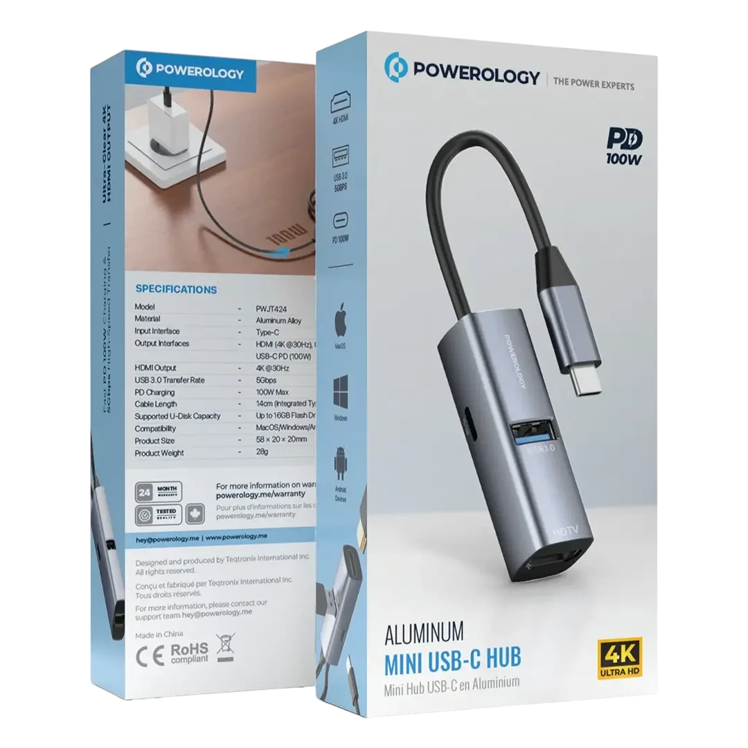 Powerology Aluminum Mini USB-C Hub - Black