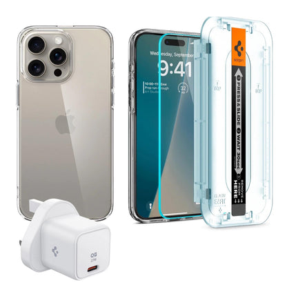 Spigen iPhone 15 Pro Pack (Screen protector + Crystal Flex Clear Case + Spigen 27W charger)