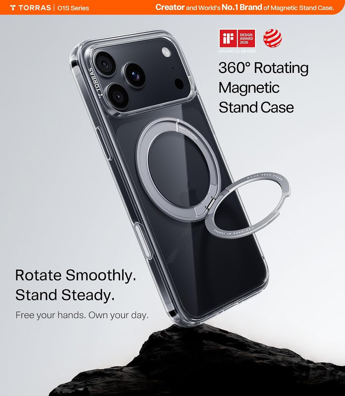 Torras Ostand O1 Guardian Case for iPhone 18 Pro - Clear 