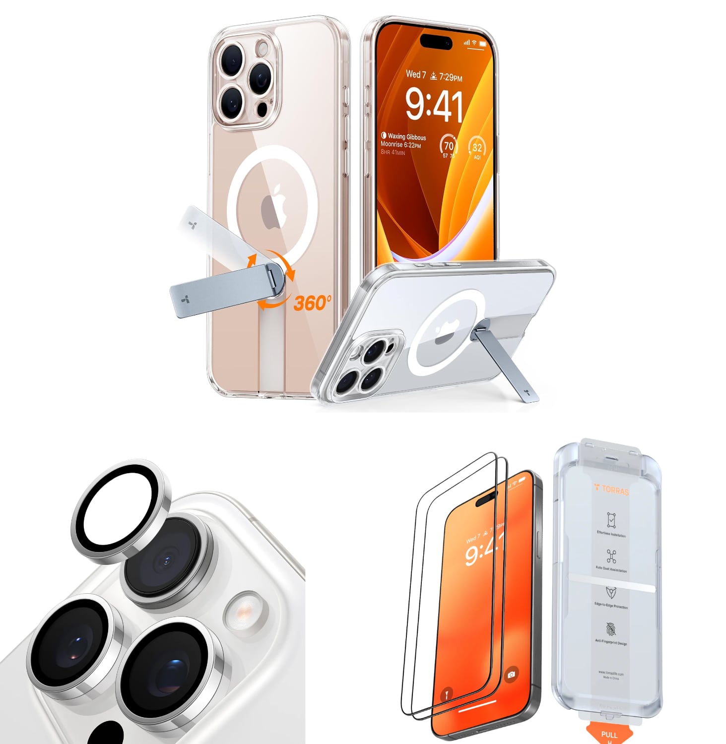 TORRAS Pstand Spin 360 Case + Screen Protector + Camera Lens for iPhone 16 Pro Max Bundle