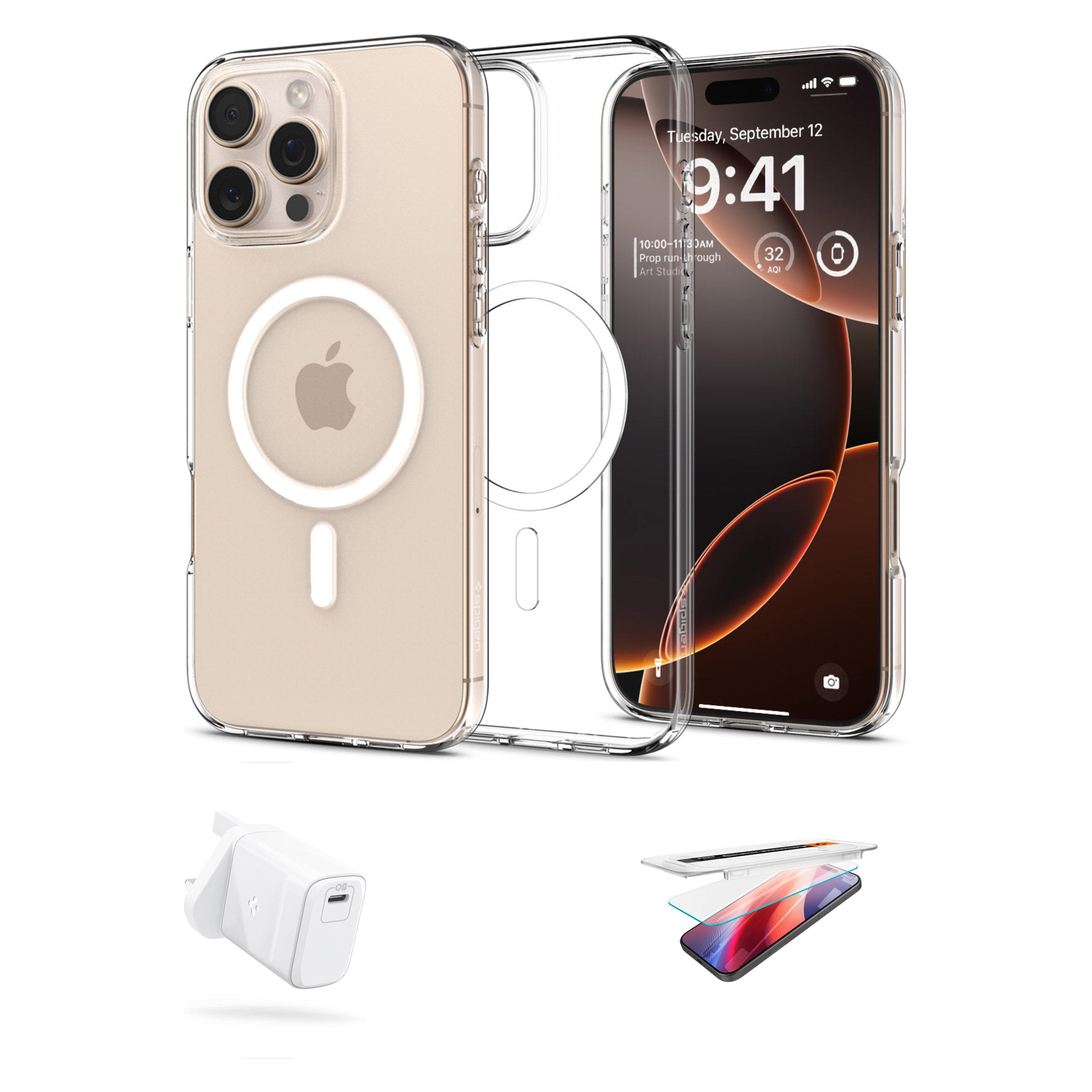 Spigen iPhone Bundle Pack (Liquid Crystal MagFit Case + Screen Protector + 30W Charger)