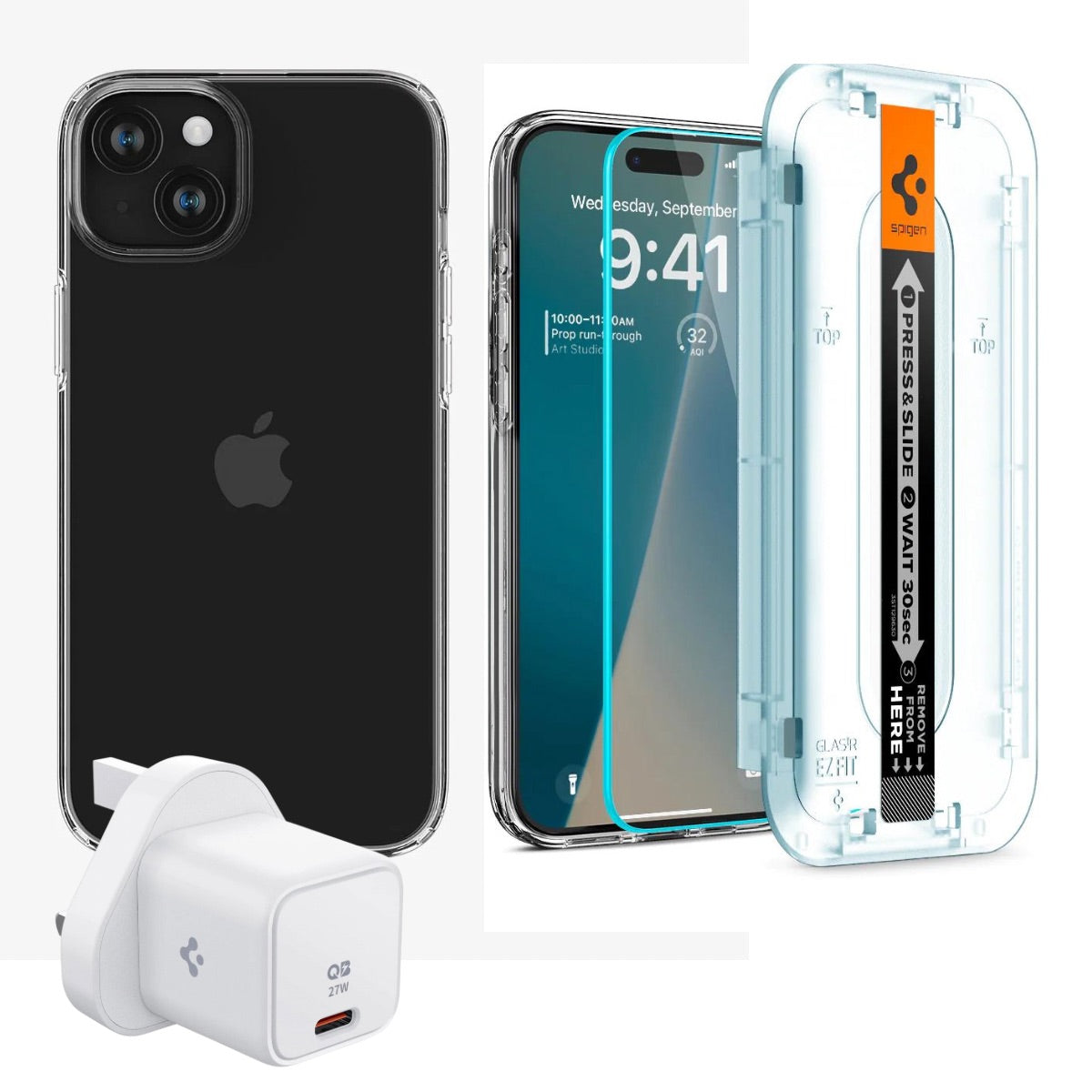 Spigen iPhone 15 Pack (Screen protector + Crystal Flex Clear Case + Spigen 27W ArcStation 27W Wall Charger)