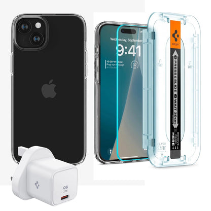 Spigen iPhone 15 Plus Pack (Screen protector + Crystal Flex Clear Case + Spigen 27W ArcStation 27W Wall Charger)