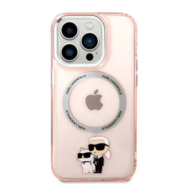 جراب Karl Lagerfeld Magsafe IML NFT Karl & Choupette مصنوع من السيليكون الوردي الشفاف لهاتف iPhone 16 Pro Max