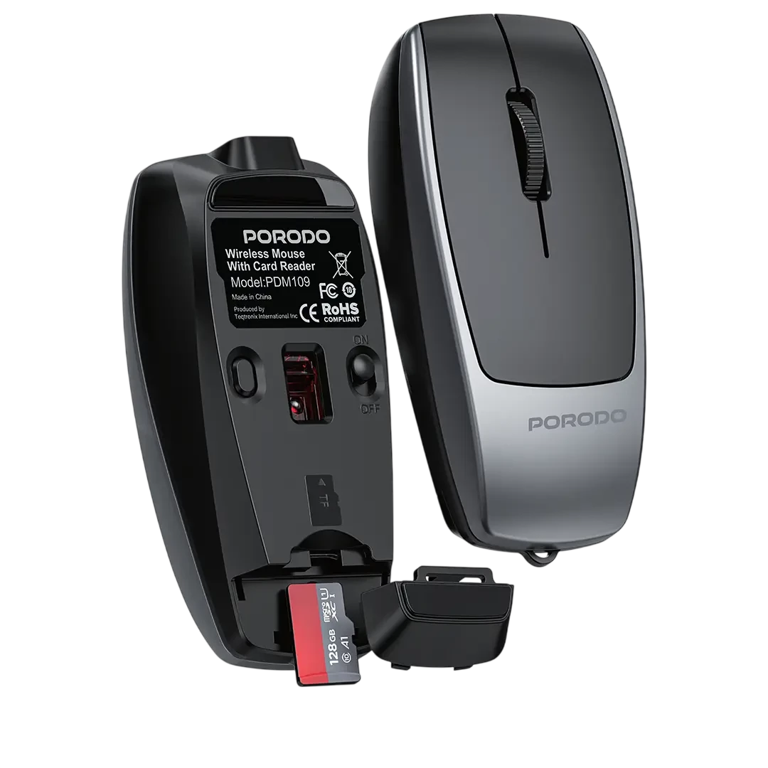 Porodo 1600DPI Wireless Mouse with Card Reader - Black 
