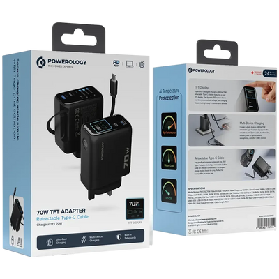 Powerology 70W TFT Adapter with Retractable Type-C Cable - Black