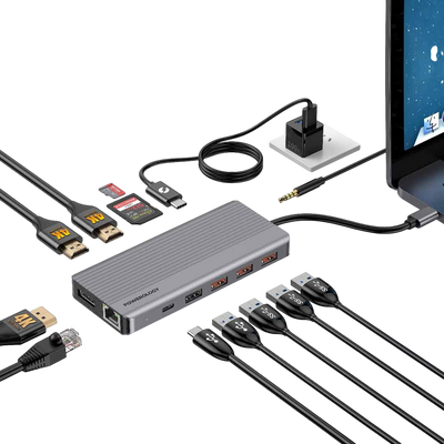 Powerology 13-in-1 Dual HDMI & DisplayPort USB-C Hub Ethernet - Gray