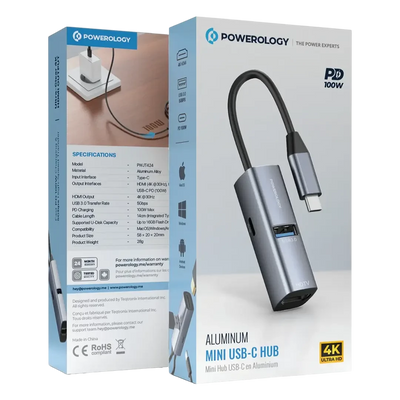 Powerology Aluminum Mini USB-C Hub - Black
